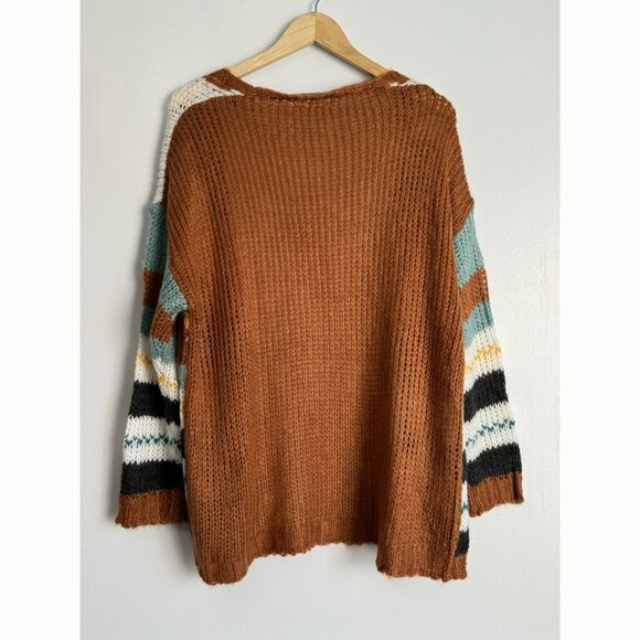 Boho Striped Open Front Knit Cardigan Sweater Women’s Size M Oversized Fall Cozy - Picture 7 of 8